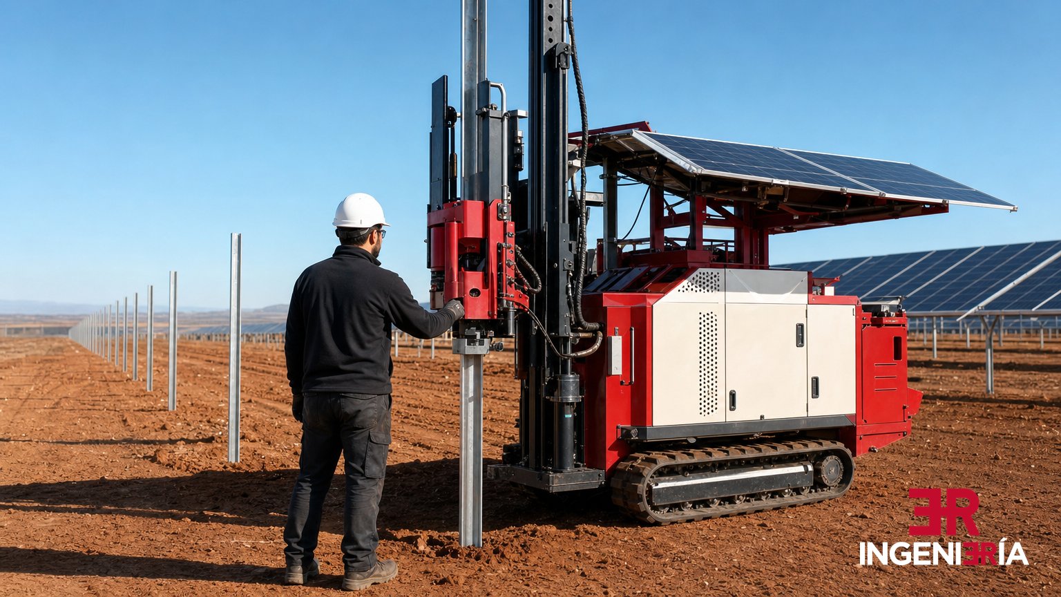 Máquina de hincado con paneles solares sobre el techo clavando un perfil de estructura en la parcela de un parque solar en construcción