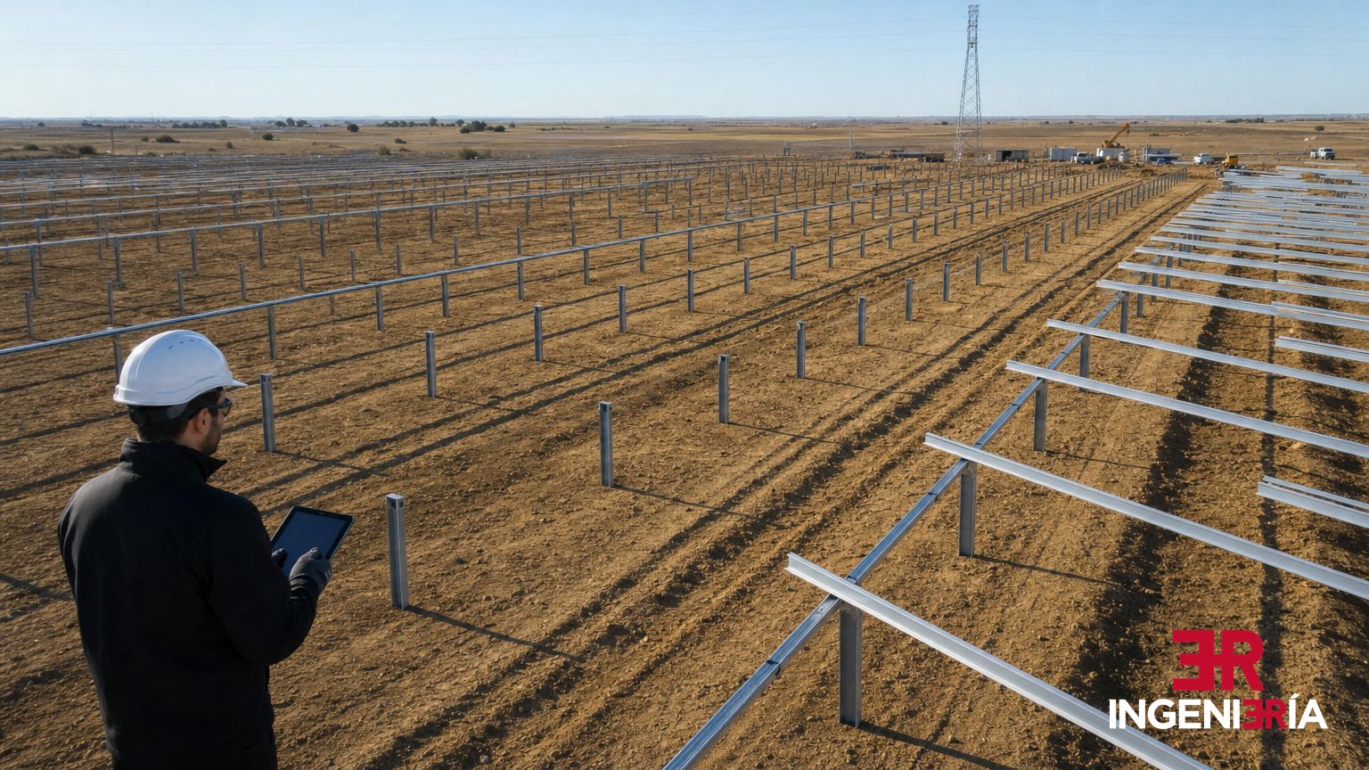 Filas de estructuras fotovoltaicas hincadas sin cimentación de hormigón en la construcción de un parque solar