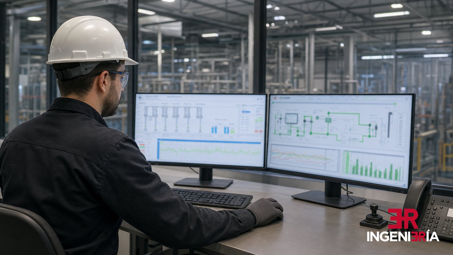 Ingeniero revisando la monitorización de un parque solar desde una sala de control