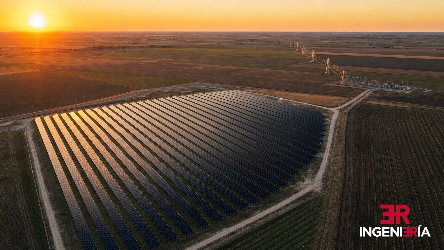 Parque solar terminado con su línea de evacuación hacia la subestación