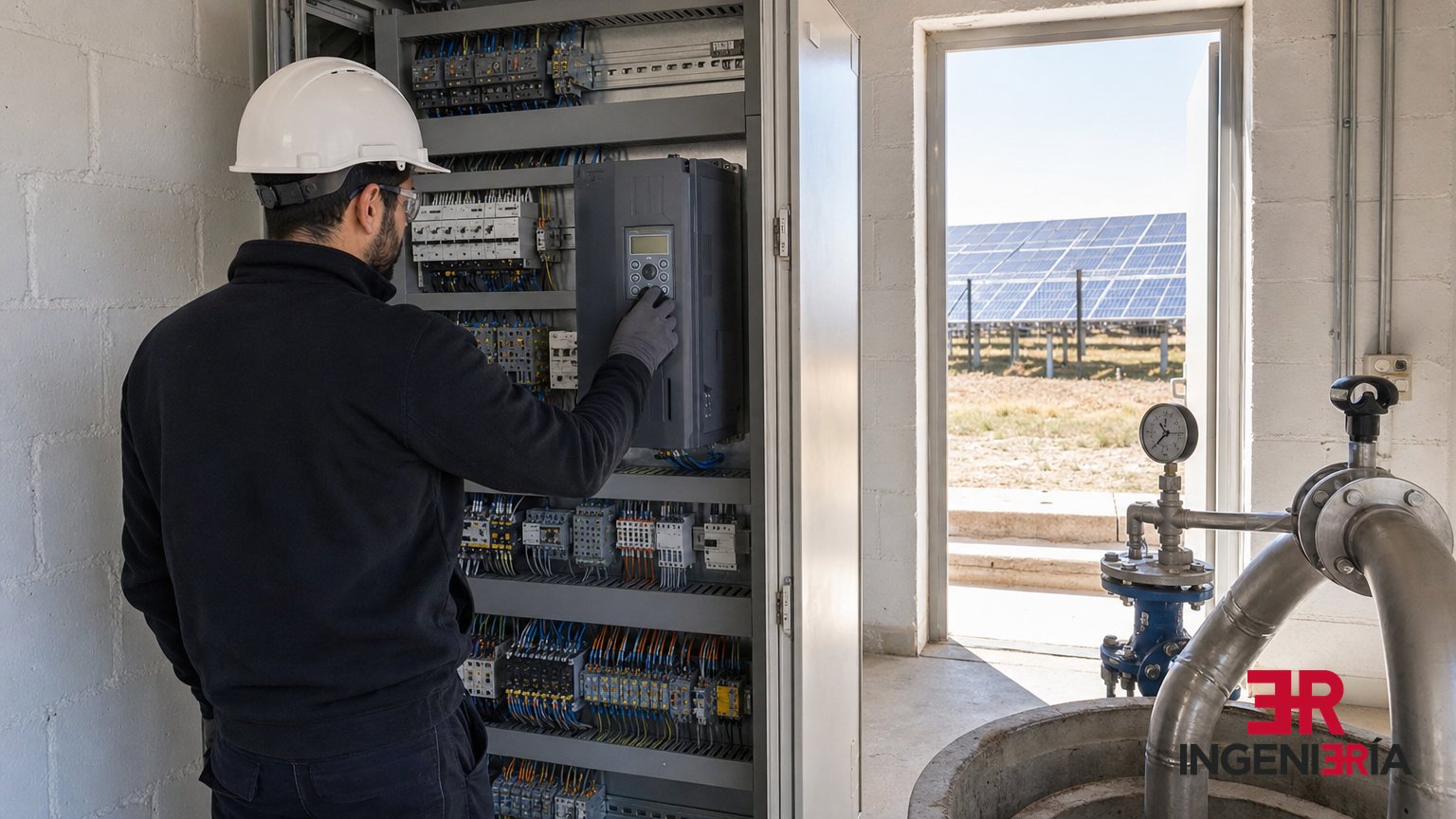 Caseta de bombeo con cuadro eléctrico abierto y variador de frecuencia junto a la boca de un pozo de riego