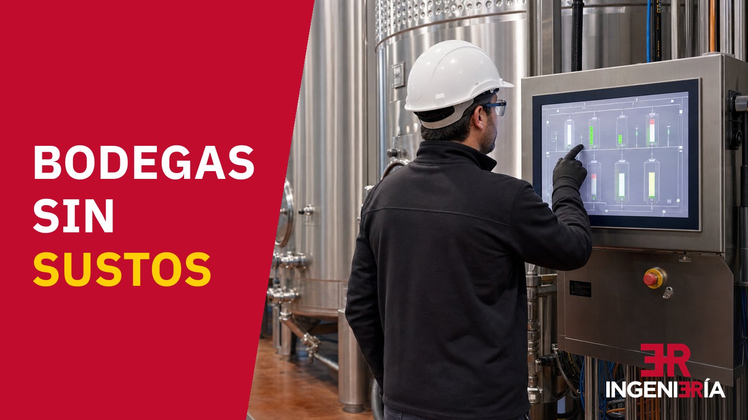 Technician at the temperature control screen beside the fermentation tanks of a winery, with the caption «Bodegas sin sustos» (wineries without surprises)