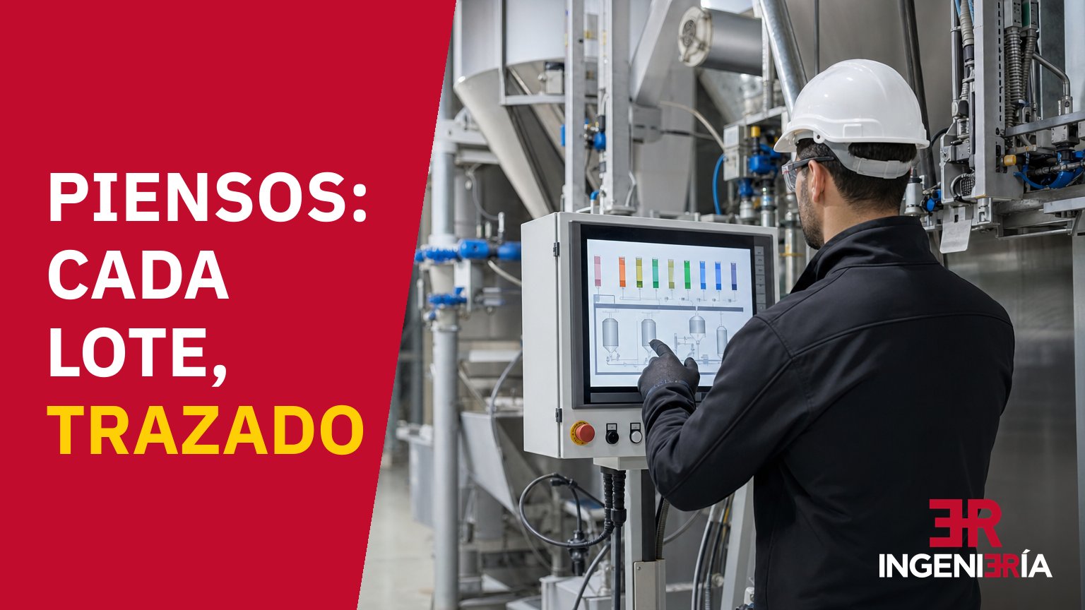 Technician with a tablet beside the dosing hoppers of a feed mill, with the caption «Piensos: cada lote, trazado» (feed: every batch traced)