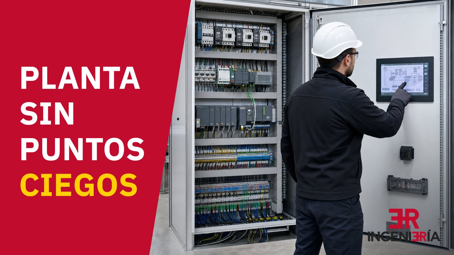 Technician checking the electrical panel of a food plant with the packaging line in the background, with the caption «Planta sin puntos ciegos» (a plant with no blind spots)