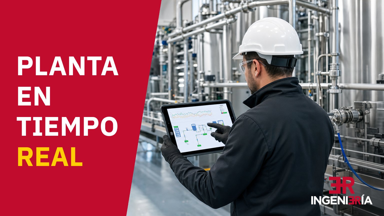 Technician checking process data on a tablet beside the tanks of an agri-food plant, with the caption «Planta en tiempo real» (the plant in real time)