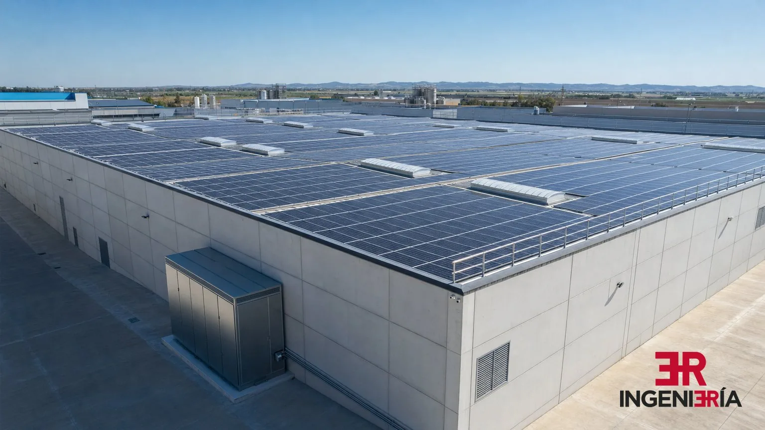 Cubierta de una nave industrial cubierta de paneles solares con un armario de baterías en la fachada