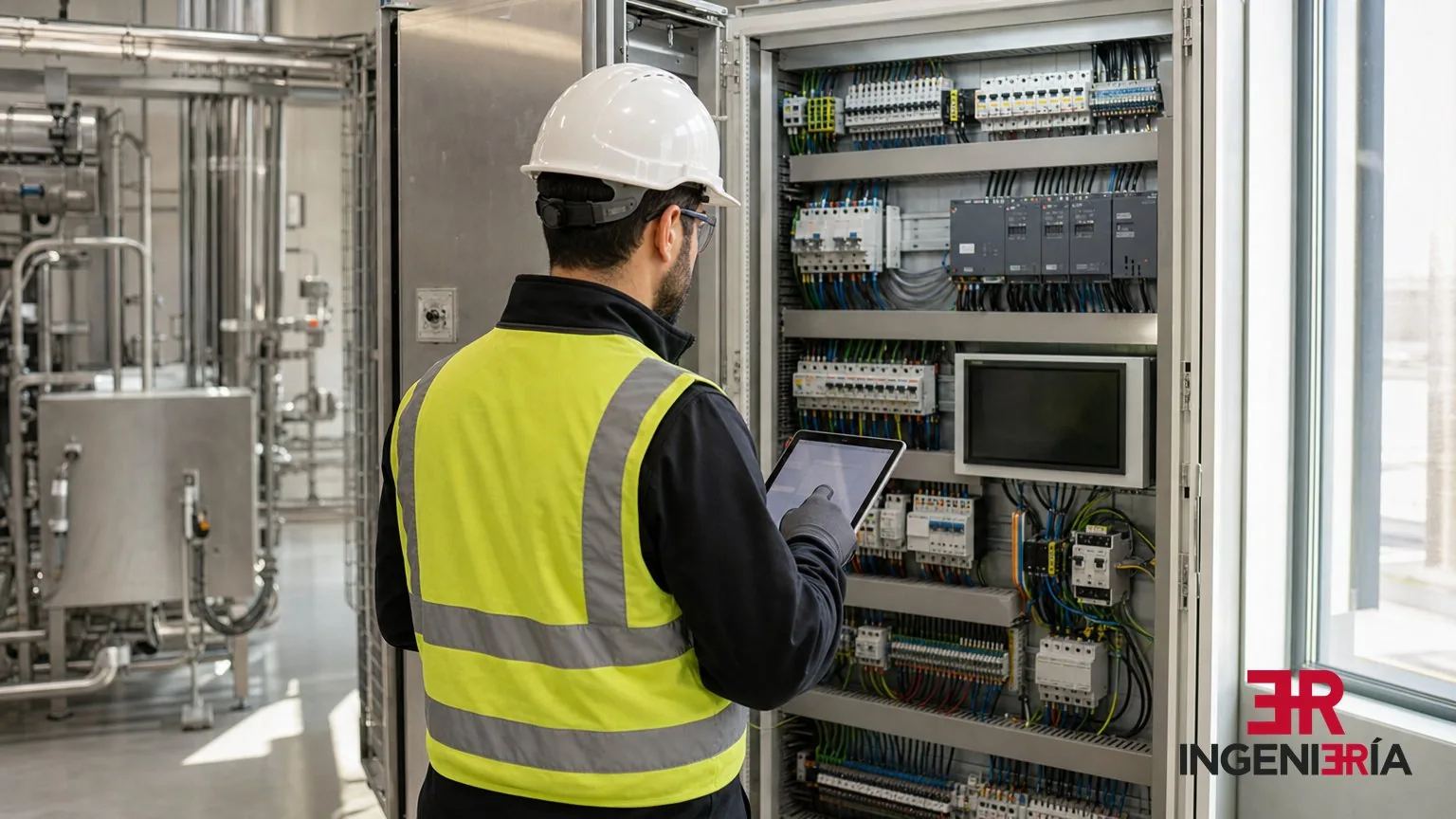 Ingeniero de espaldas consultando una tablet frente a un cuadro eléctrico en una sala técnica industrial