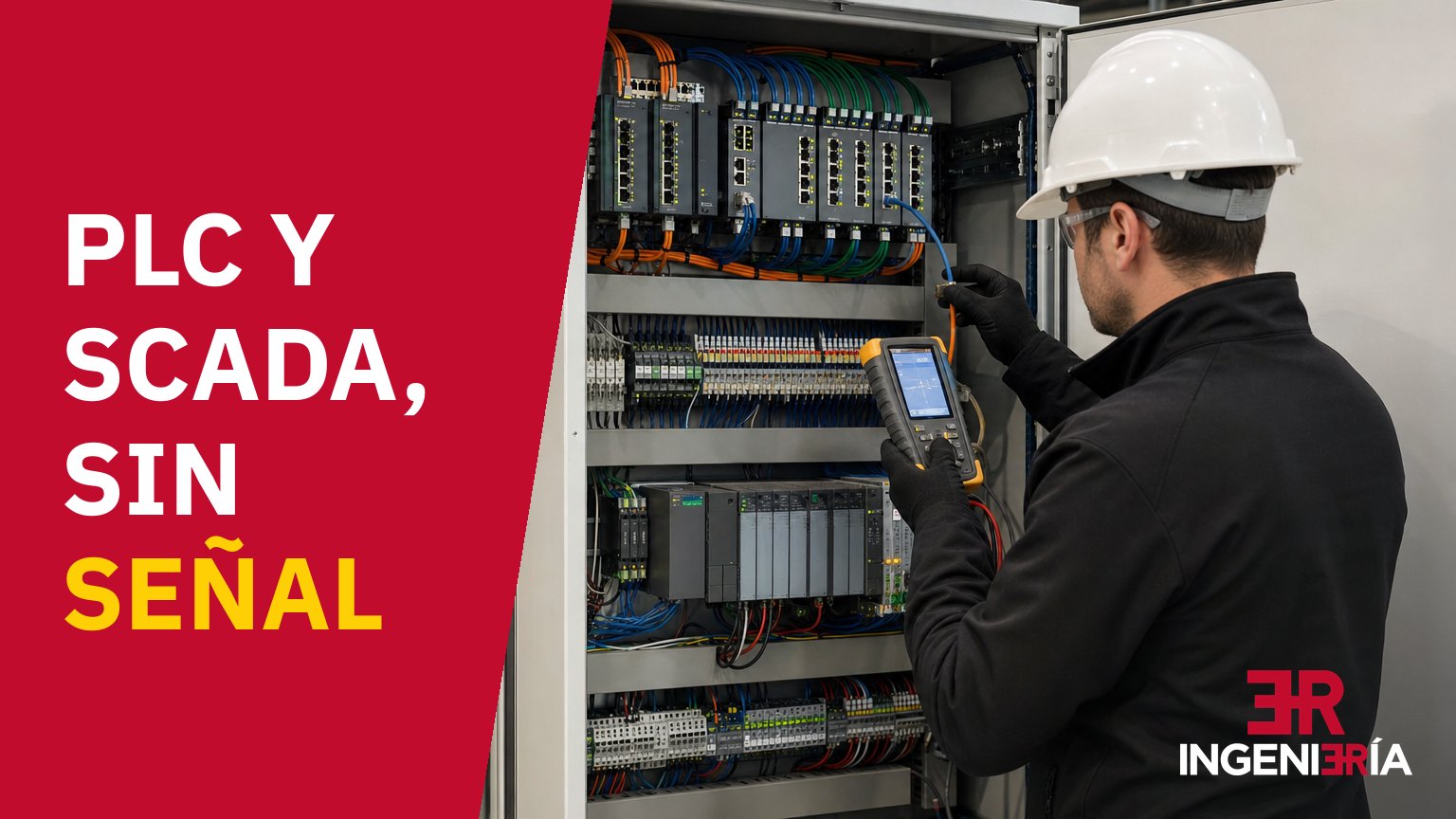 Technician testing the network cabling between the PLC and the switches of a communications cabinet, with the caption «PLC y SCADA, sin señal» (PLC and SCADA, no signal)