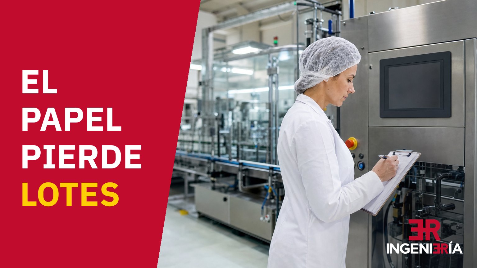Operator writing data by hand on a clipboard beside a food packaging line, with the caption «El papel pierde lotes» (paper loses batches)