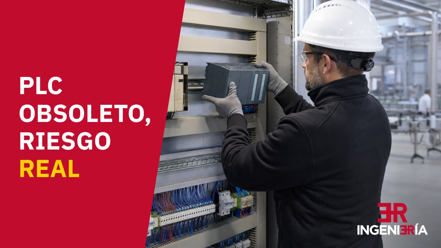 Technician replacing old PLCs with a modern one in a factory electrical panel, with the caption «PLC obsoleto, riesgo real» (an obsolete PLC is a real risk)