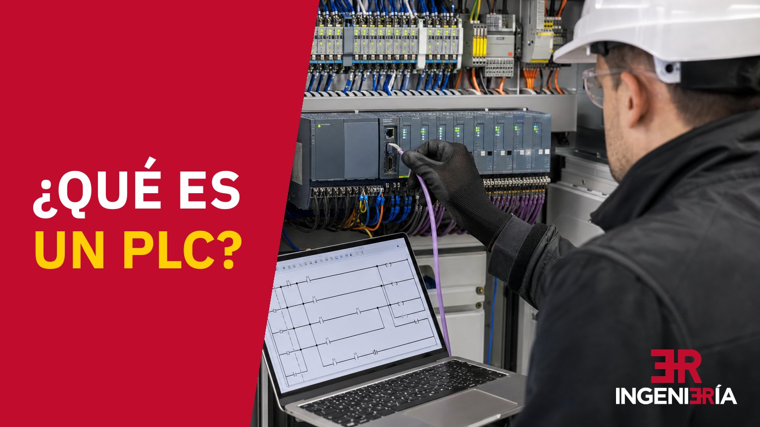 Technician connecting a laptop to a programmable logic controller inside an electrical panel, with the caption «¿Qué es un PLC?» (what is a PLC?)