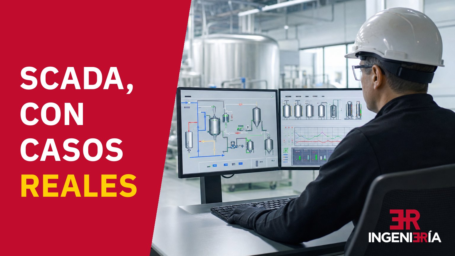 Technician seen from behind at the SCADA monitors in the control room of an agri-food plant, with the caption «SCADA, con casos reales» (SCADA, with real cases)